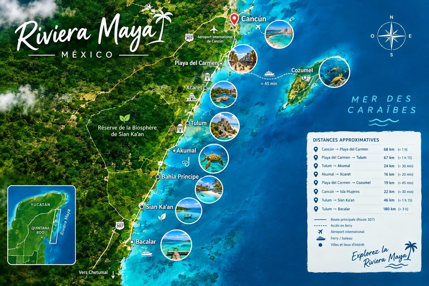 Carte stylisée de la Riviera Maya